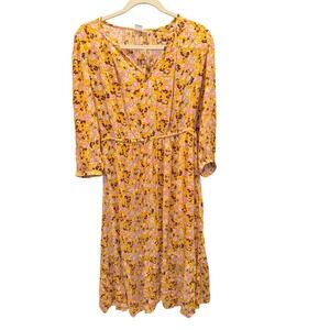 GAP Floral Print Midi Dress Yellow Pink Long Sleeve V Neck Size M NWT